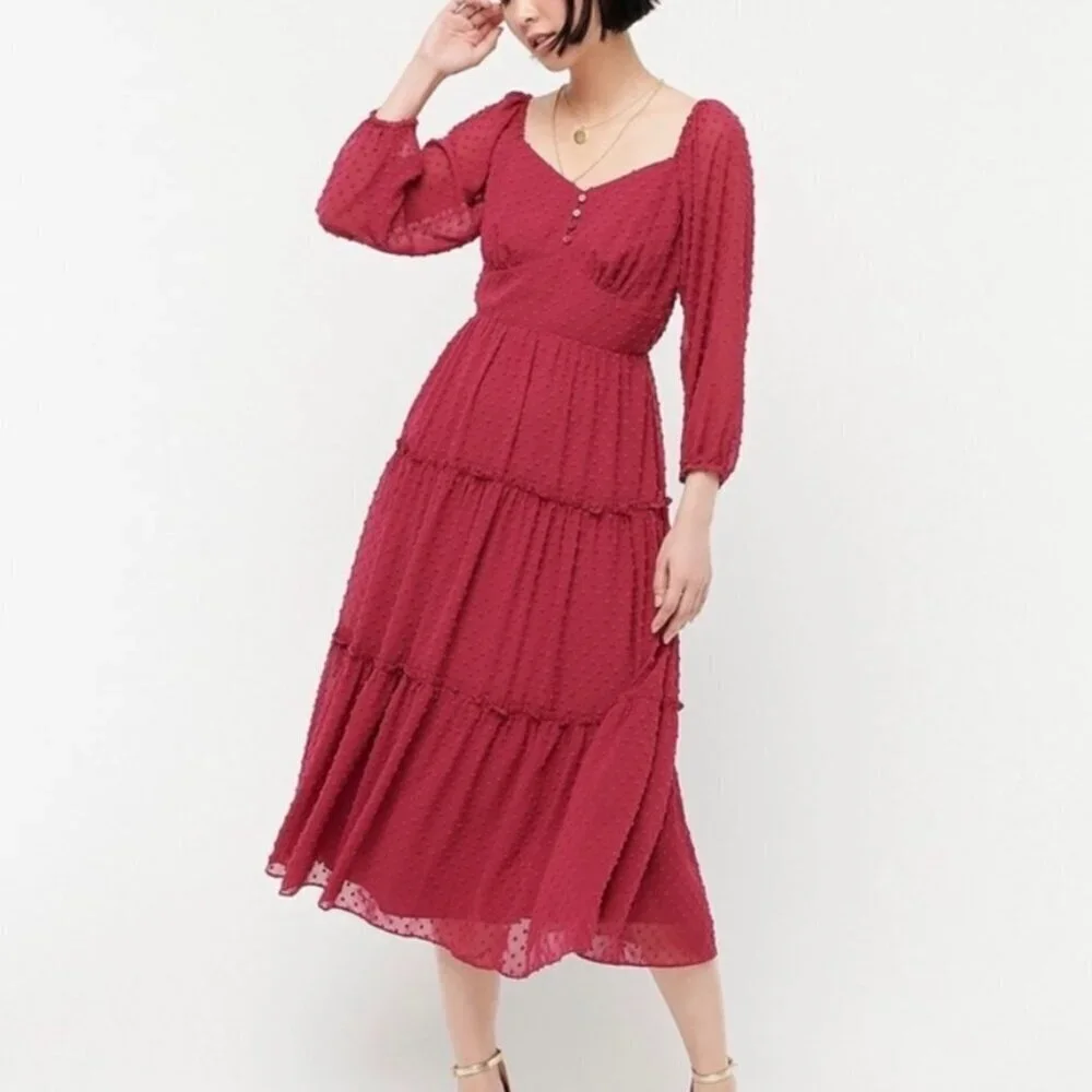 NWT J Crew Tiered Swiss Dot Midi Dress In Magenta‎ Pink US 2​​​​